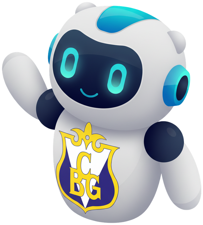 El robot del Asistente ByG, con el escudo del colegio